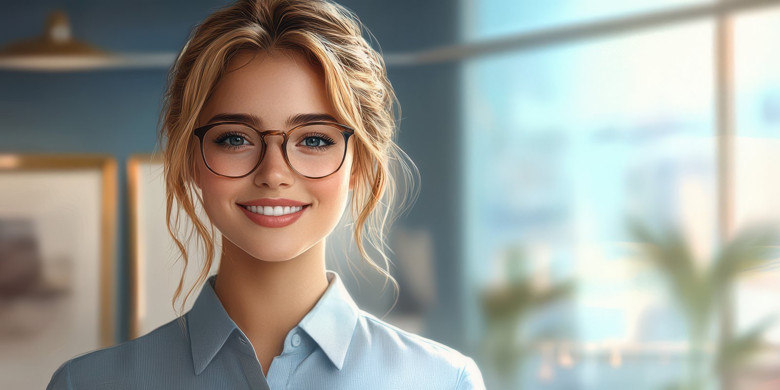 Young woman smiles warmly while wearing glasses in a modern office setting during daytime